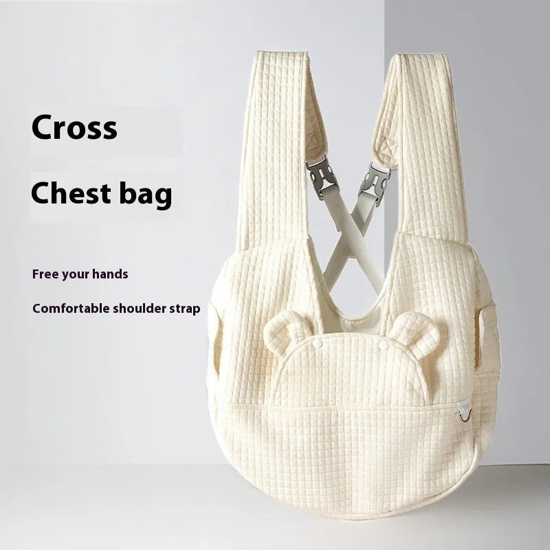 Grey quilted cross-chest pet backpack for small dogs and cats