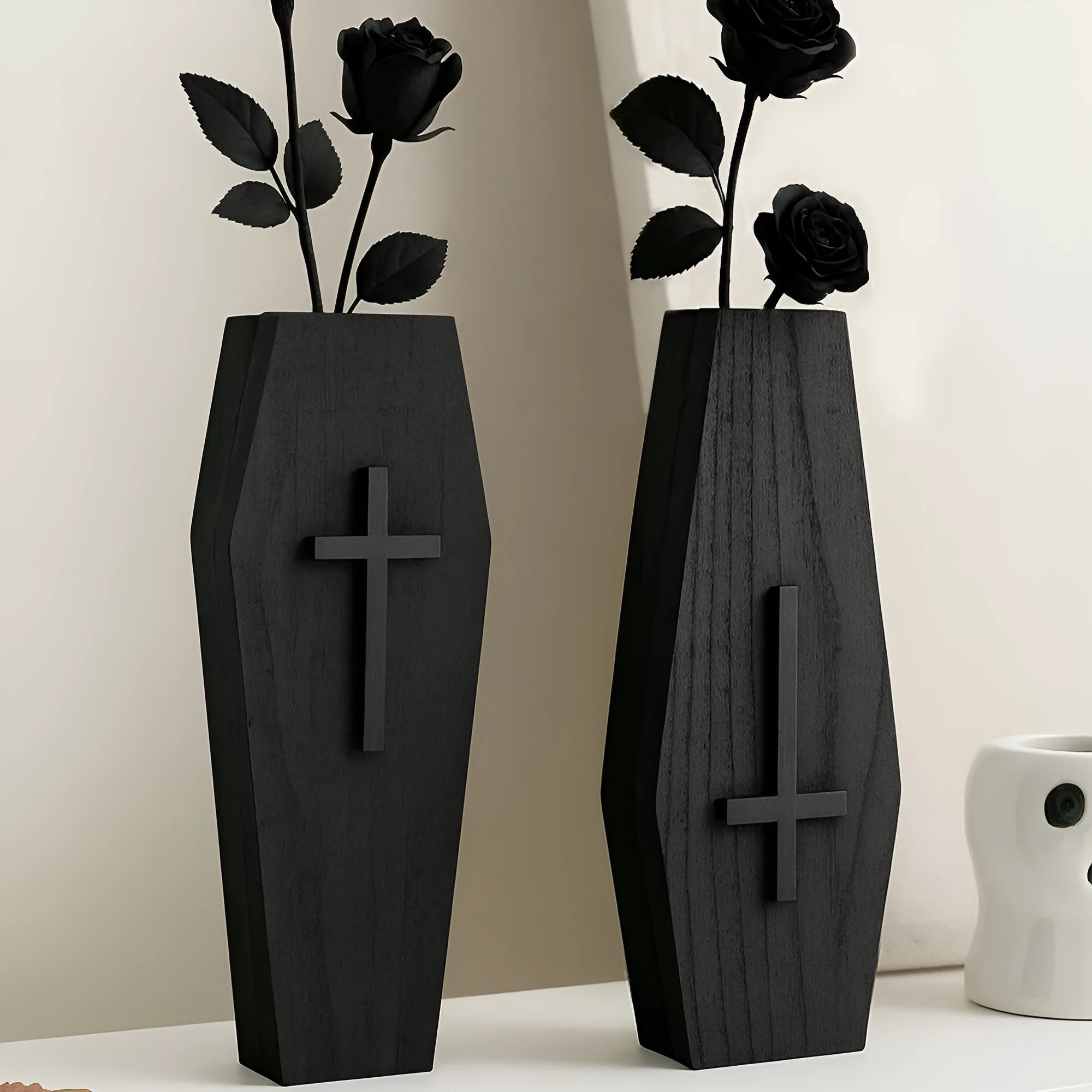 Wooden cross wall shelf with flat top for vase display in rustic brown finish