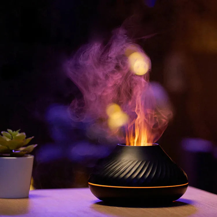 RGB flame aroma diffuser 130ml 3D colourful fire volcano effect night light black white, with Type-C cable