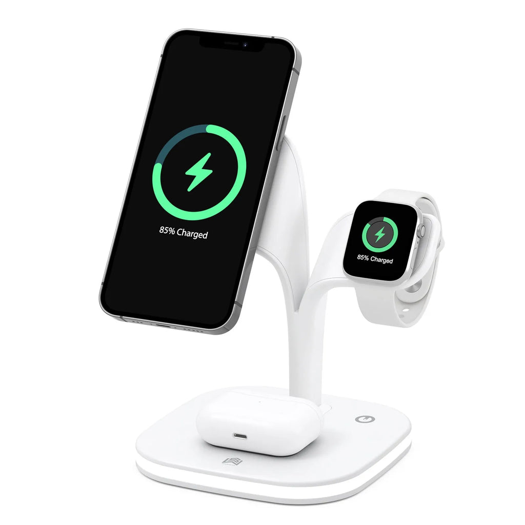 Black or white desktop wireless charging stand for phone, headphones, and smartwatch with 15W max output