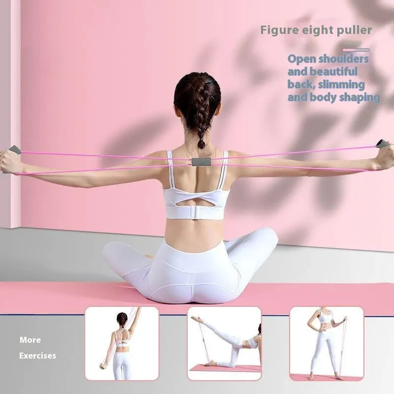 Yoga four piece fitness set with leg stretcher, pedal device, yoga ring, and tension rope.