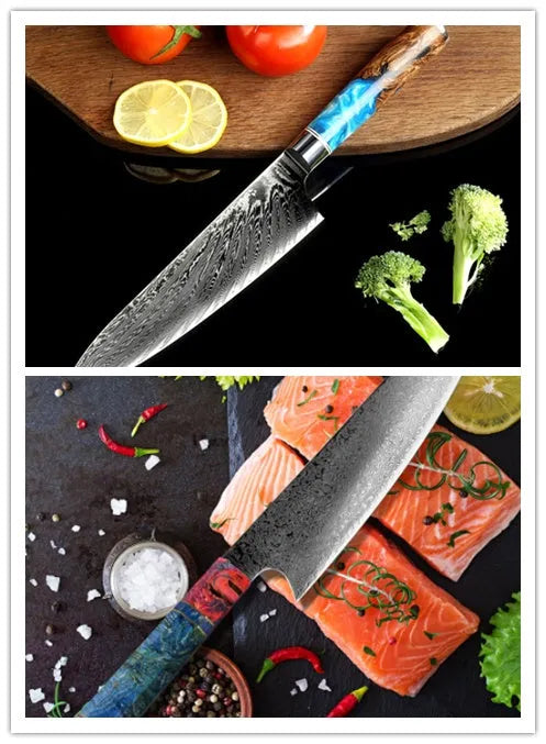 Eight different kitchen knives including chef's knife, bread knife, Japanese style knives, and fruit peel knife