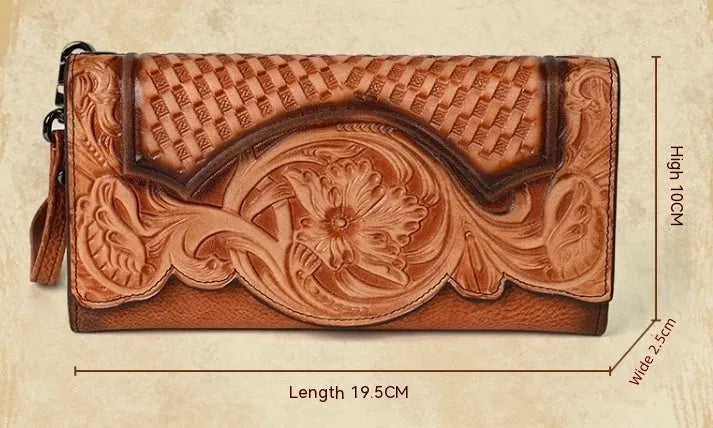 Retro brown women's tri-fold leather wallet with an embossed floral pattern, shown open and closed.