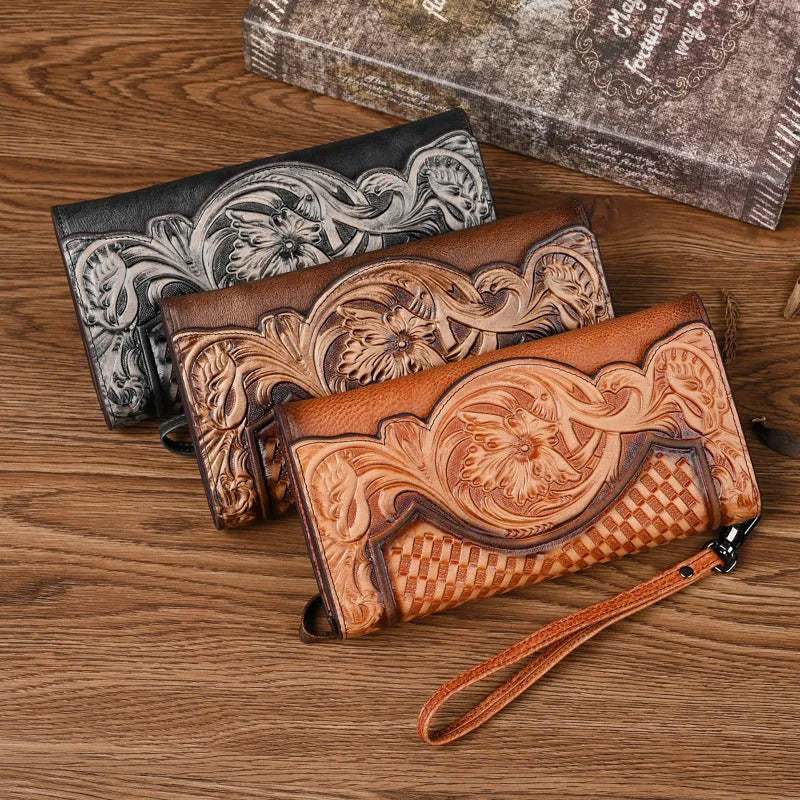 Retro brown women's tri-fold leather wallet with an embossed floral pattern, shown open and closed.