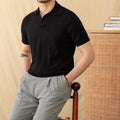 Short sleeve polo top with seagull collar in sunken stripe knitted ramie and cotton blend fabric