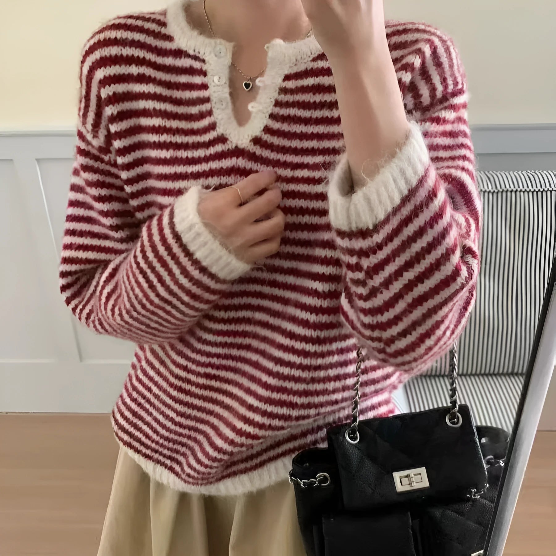 Women's red and blue striped cashmere pullover sweater with plaid patterns and long sleeves