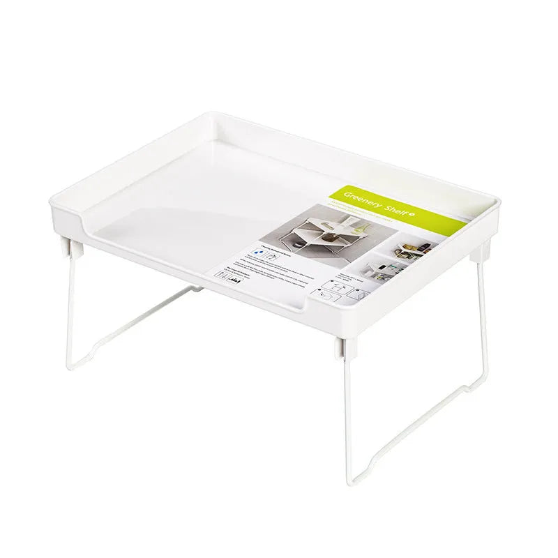 Transparent or white plastic kitchen supplies rack on a countertop or inside a cupboard