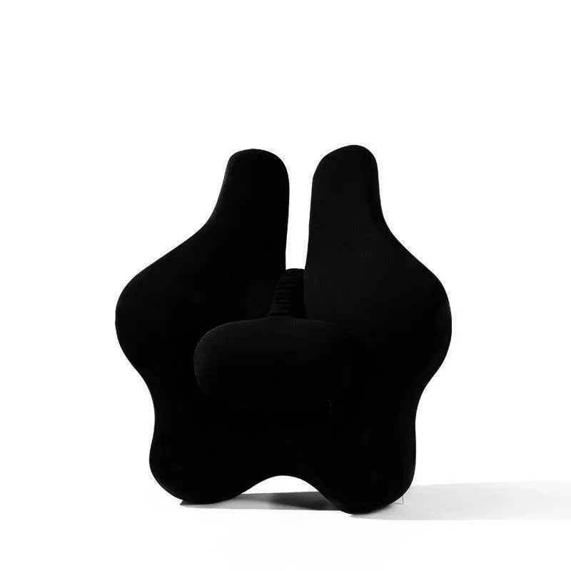Black memory foam lumbar support cushion for car seat measuring 50cm by 47cm.