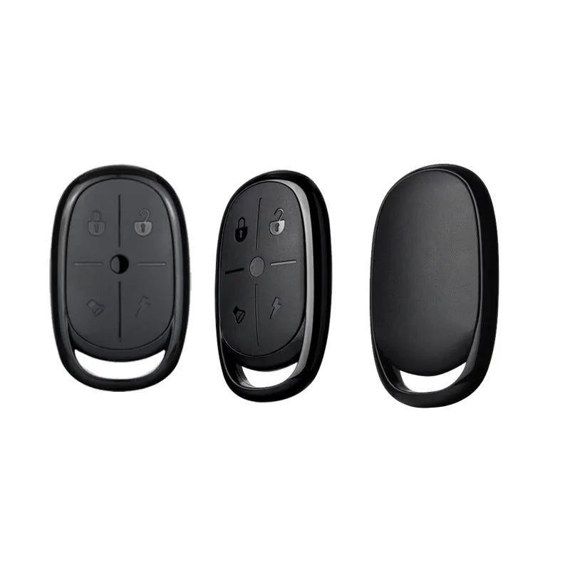 Black ABS plastic electric car remote control duplicator with buttons, shown alongside a CR2032 battery.