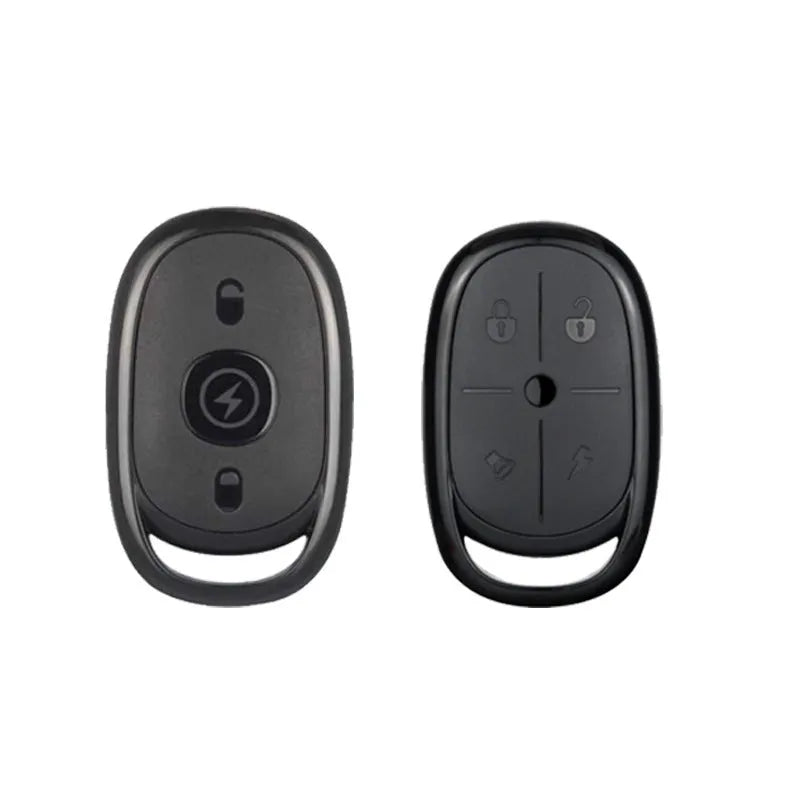 Black ABS plastic electric car remote control duplicator with buttons, shown alongside a CR2032 battery.