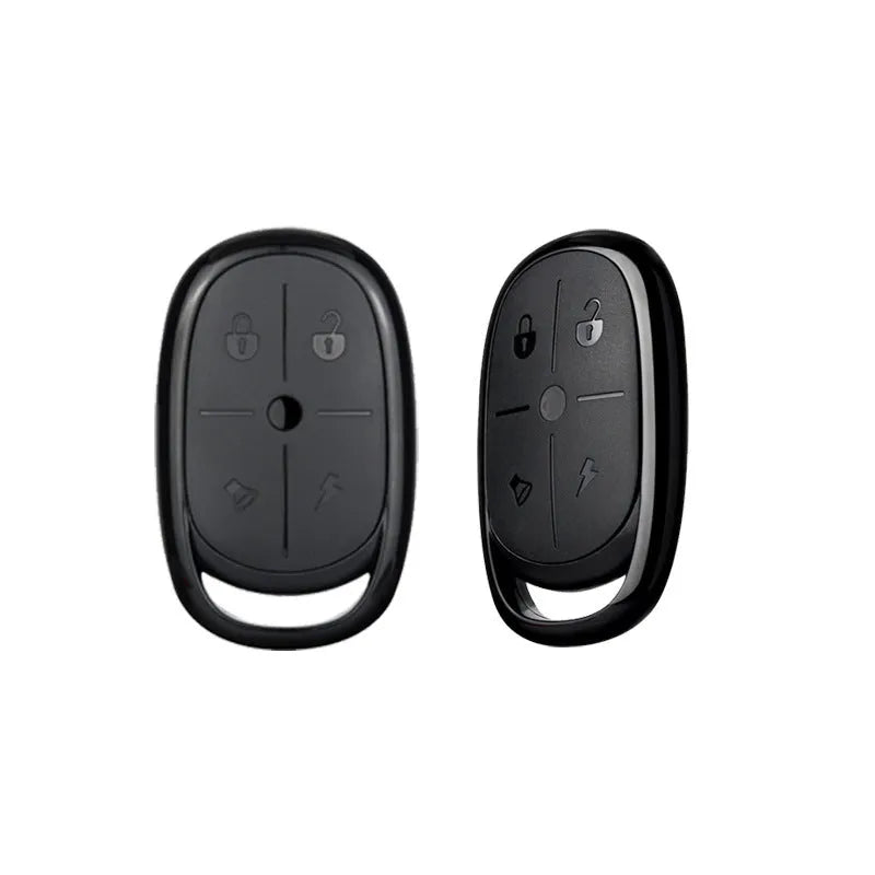 Black ABS plastic electric car remote control duplicator with buttons, shown alongside a CR2032 battery.