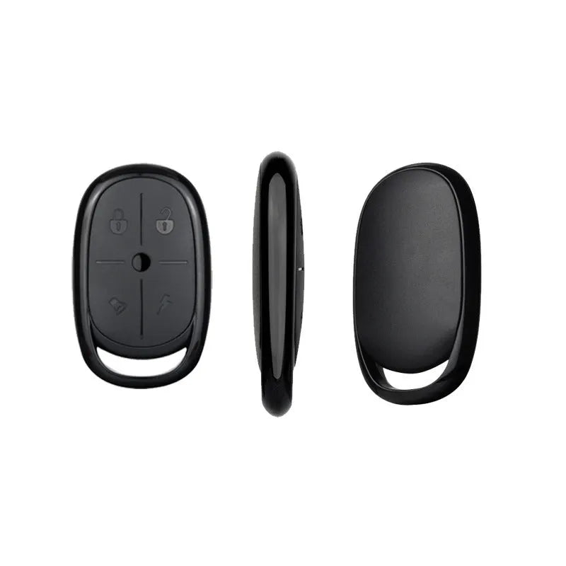 Black ABS plastic electric car remote control duplicator with buttons, shown alongside a CR2032 battery.