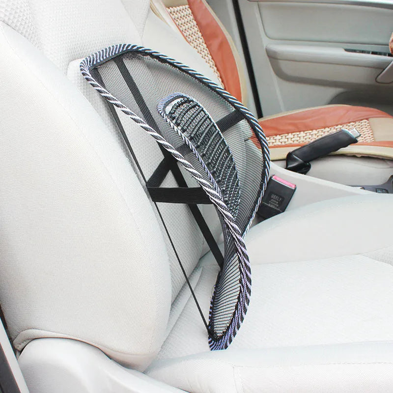 Black car lumbar support pillow with polypropylene leather and steel wire frame measuring 41x39cm