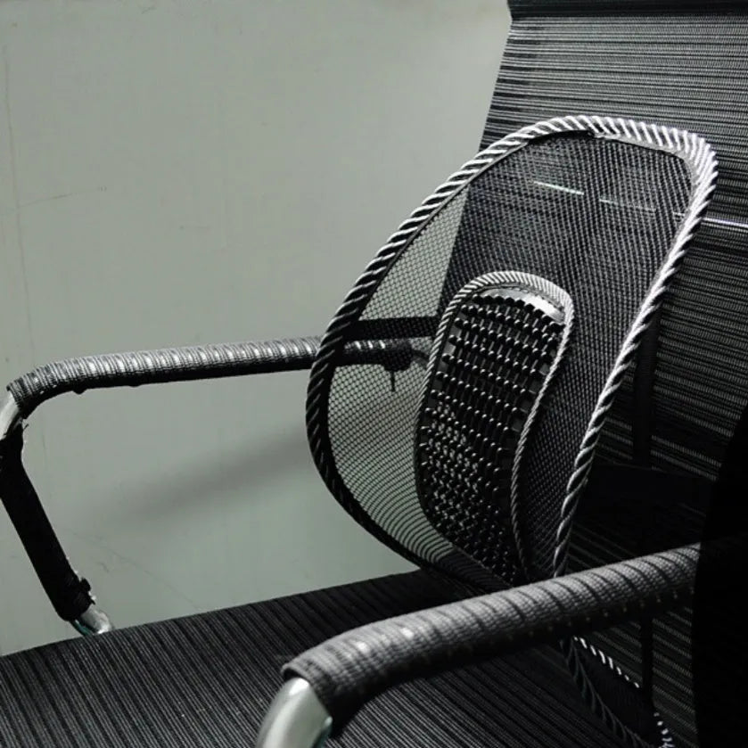 Black car lumbar support pillow with polypropylene leather and steel wire frame measuring 41x39cm