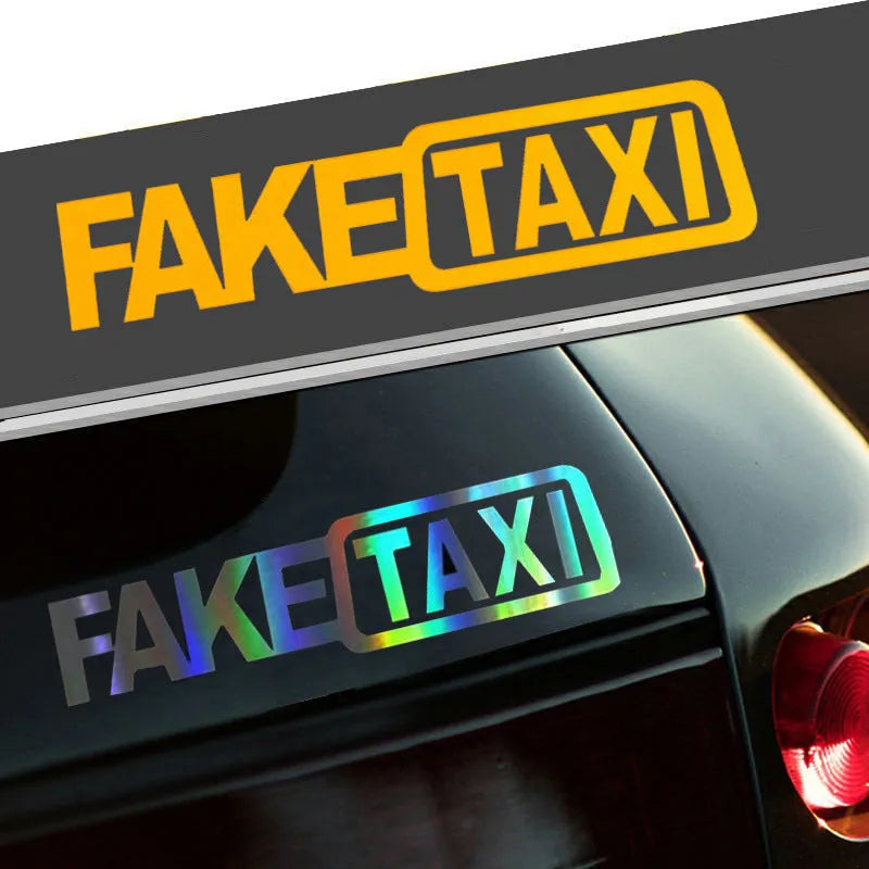 FAKE TAXI car warning sticker in waterproof PET material measuring 20cm by 8cm