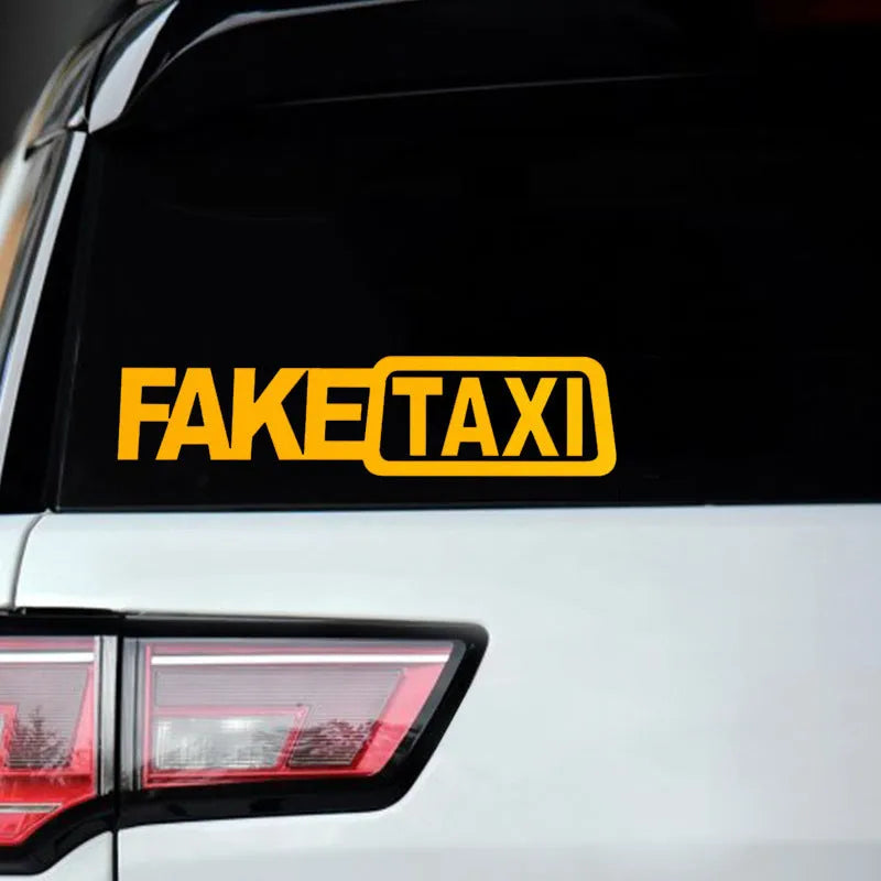 FAKE TAXI car warning sticker in waterproof PET material measuring 20cm by 8cm