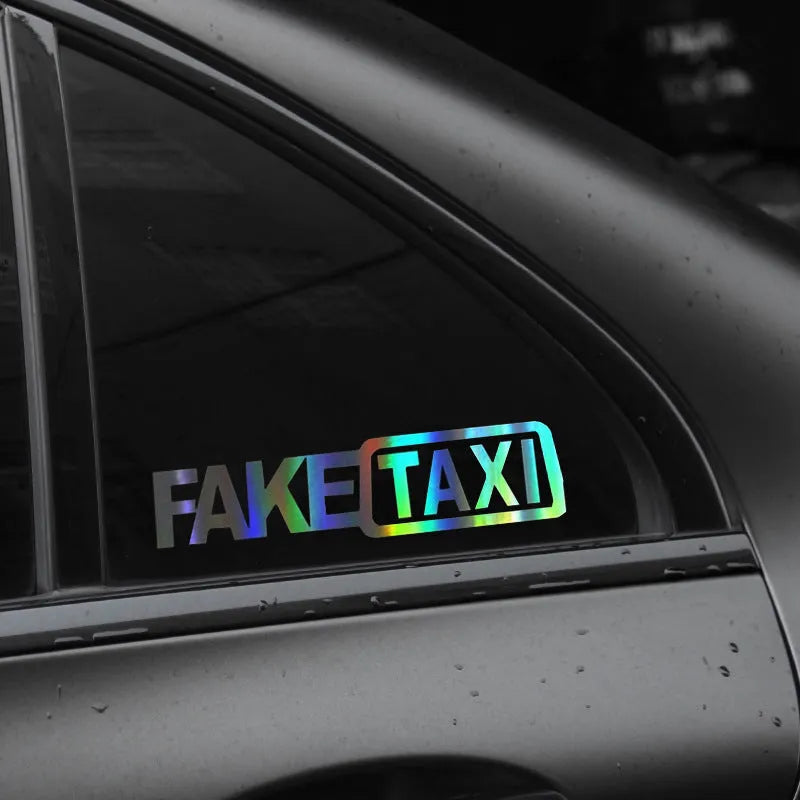 FAKE TAXI car warning sticker in waterproof PET material measuring 20cm by 8cm