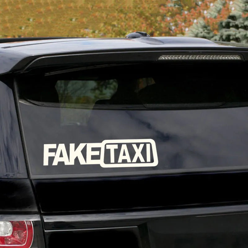 FAKE TAXI car warning sticker in waterproof PET material measuring 20cm by 8cm