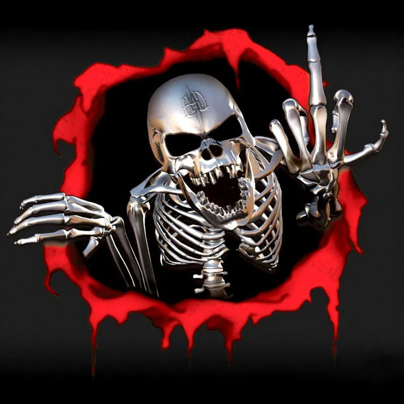 Colourful broken shell peeping metal skull design on a 15cm by 14cm car bumper sticker.