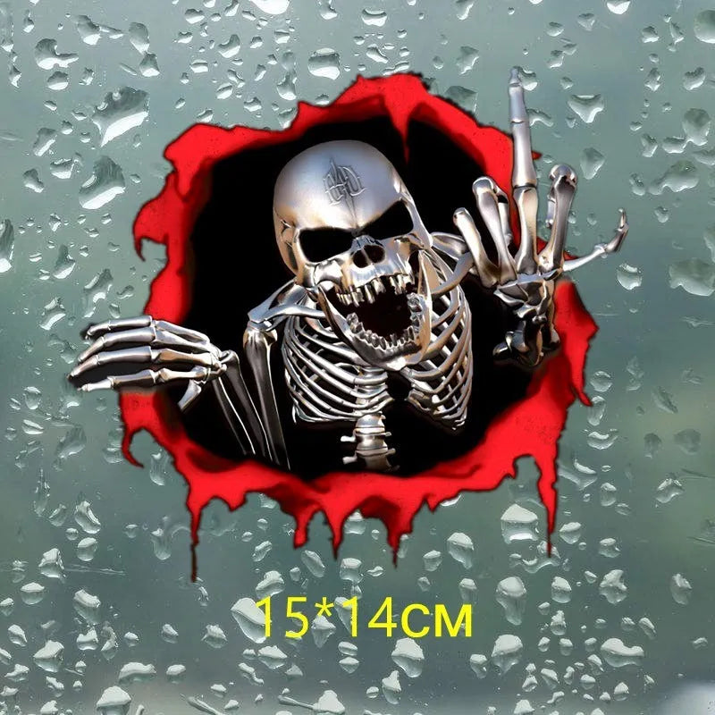 Colourful broken shell peeping metal skull design on a 15cm by 14cm car bumper sticker.