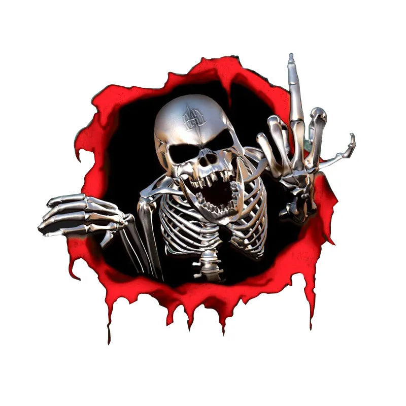 Colourful broken shell peeping metal skull design on a 15cm by 14cm car bumper sticker.