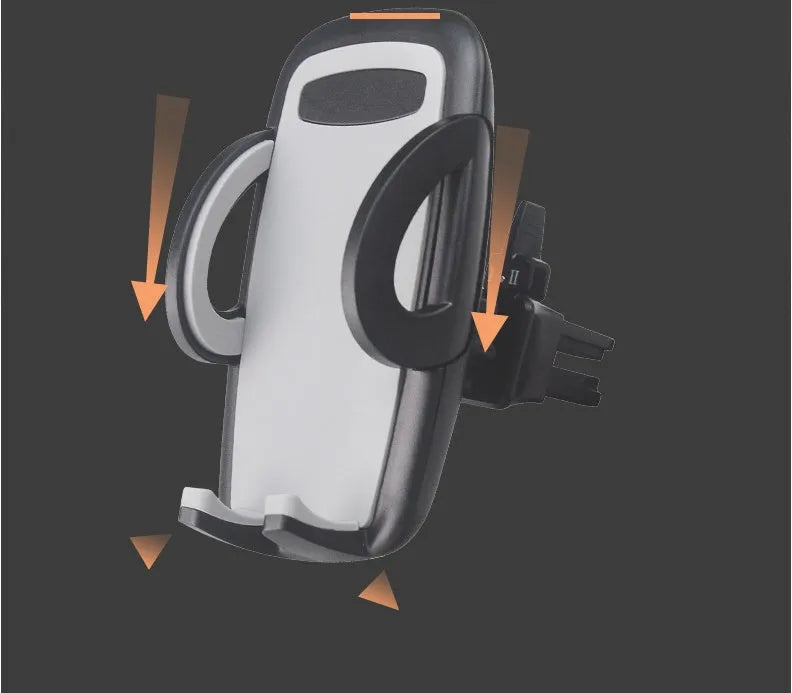 Black plastic car air vent phone holder attached to vehicle air conditioning outlet with mobile phone secured
