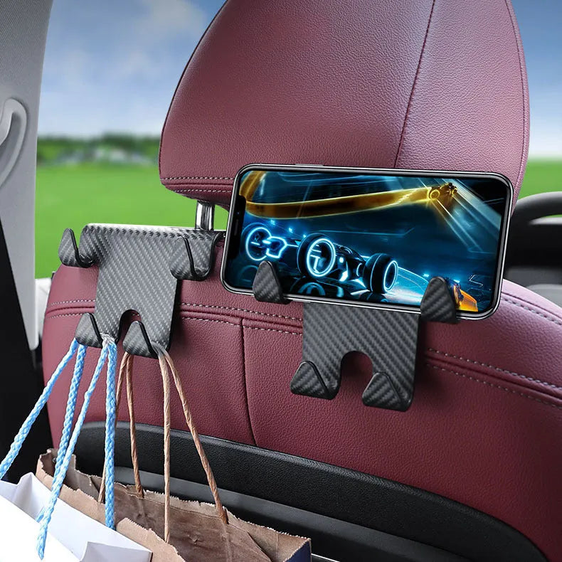 Black car multifunction hook bracket with integrated mobile phone holder for rear seat mounting