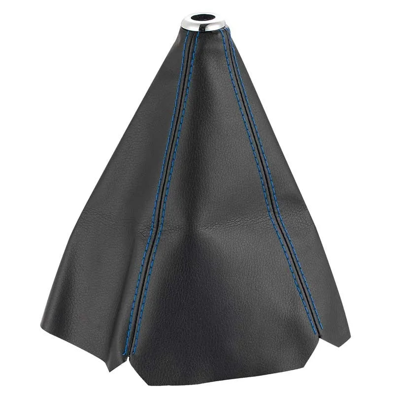 General Motors PU leather gear shift dust cover in black, red, and blue line colour options.