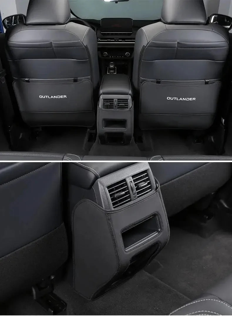 Three genuine leather anti-kick pads for Mitsubishi Outlander seat and console protection.