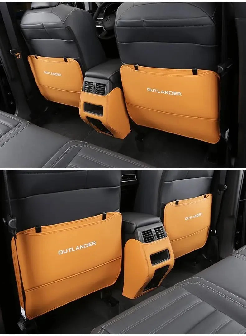 Three genuine leather anti-kick pads for Mitsubishi Outlander seat and console protection.