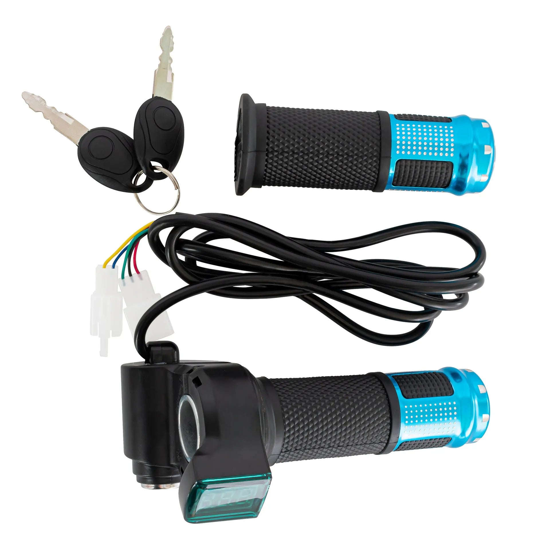 Electric vehicle handlebar grip replacement section in assorted colours showing wiring connector
