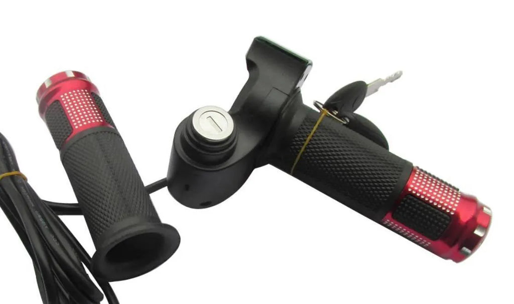 Electric vehicle handlebar grip replacement section in assorted colours showing wiring connector