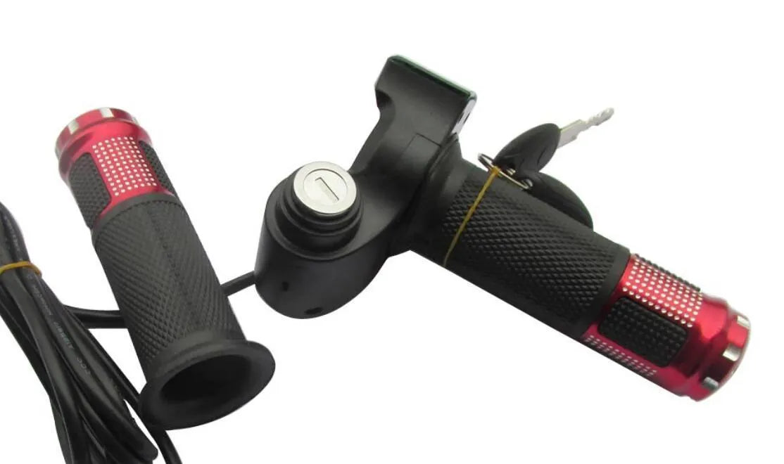 Electric vehicle handlebar grip replacement section in assorted colours showing wiring connector