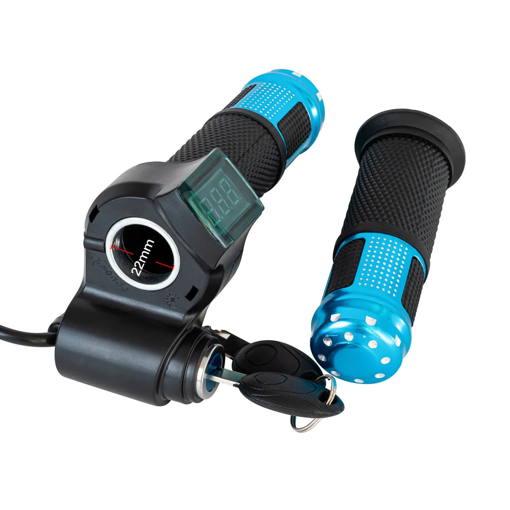 Electric vehicle handlebar grip replacement section in assorted colours showing wiring connector
