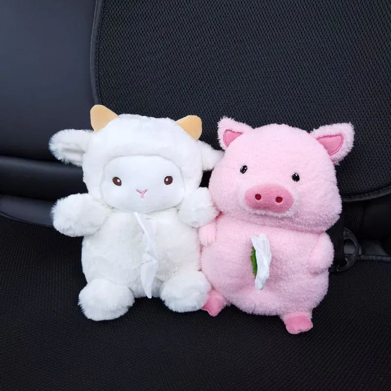 Soft plush car tissue box cover in a cartoon lamb design on a car seat.