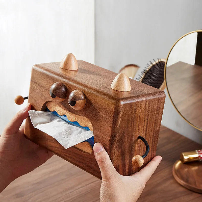 Little Monster cartoon wooden tissue box in walnut finish on beech wood measuring 190x104x125mm