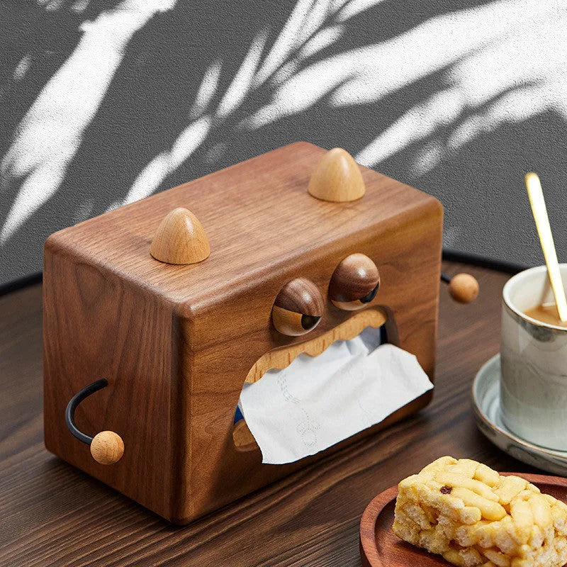 Little Monster cartoon wooden tissue box in walnut finish on beech wood measuring 190x104x125mm