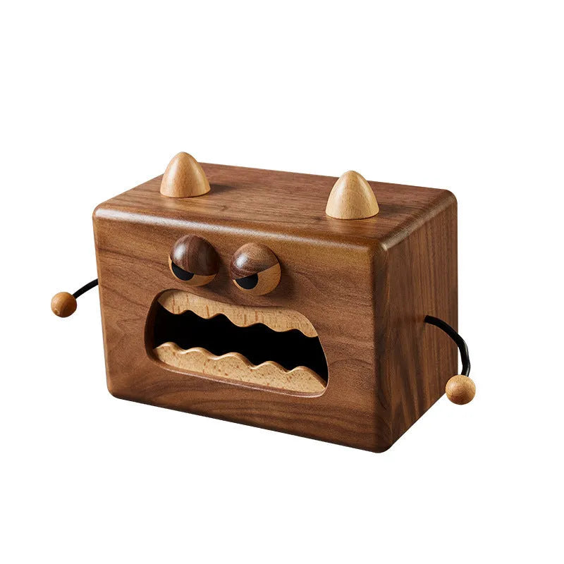 Little Monster cartoon wooden tissue box in walnut finish on beech wood measuring 190x104x125mm