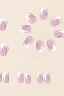24 white coffin shaped fake nails with a black and white plaid pattern printed on the surface.