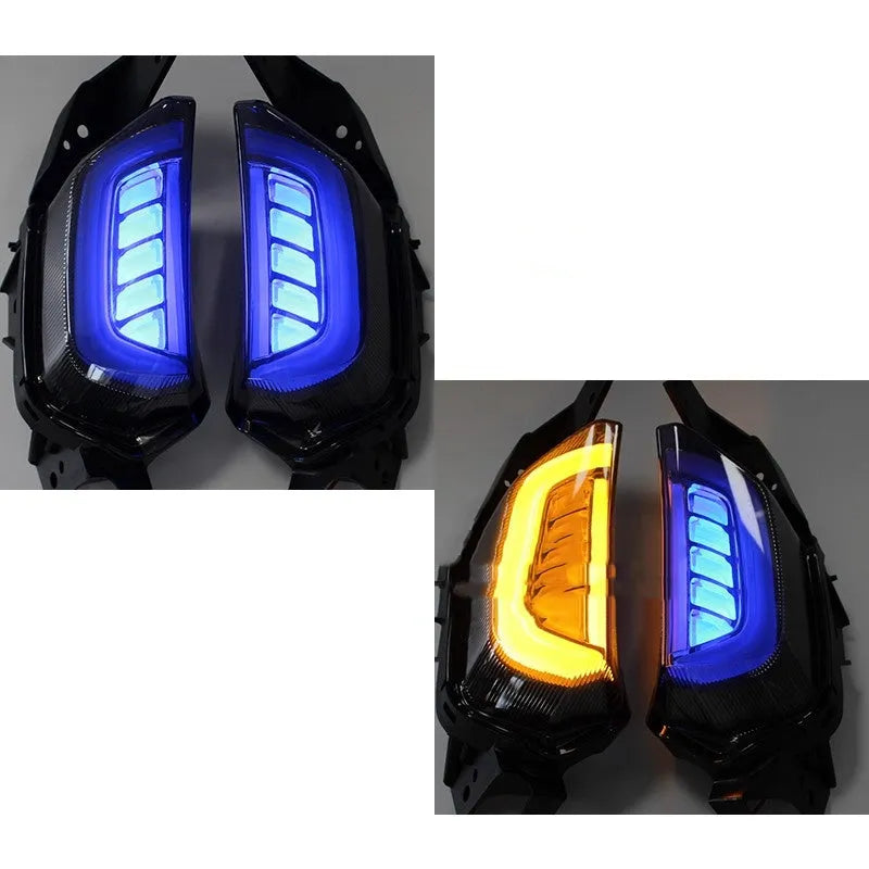 Blue and yellow LED turn signal light for Yamaha NMAX155 scooter.