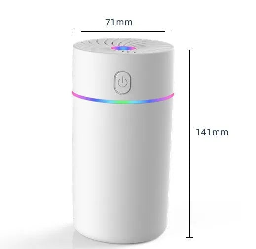 Small black and white car USB humidifier with aromatherapy function on a car dashboard.