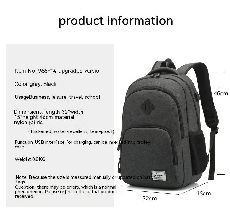 Grey lightweight nylon USB charging backpack with trolley sleeve, shown next to a phone and power bank.