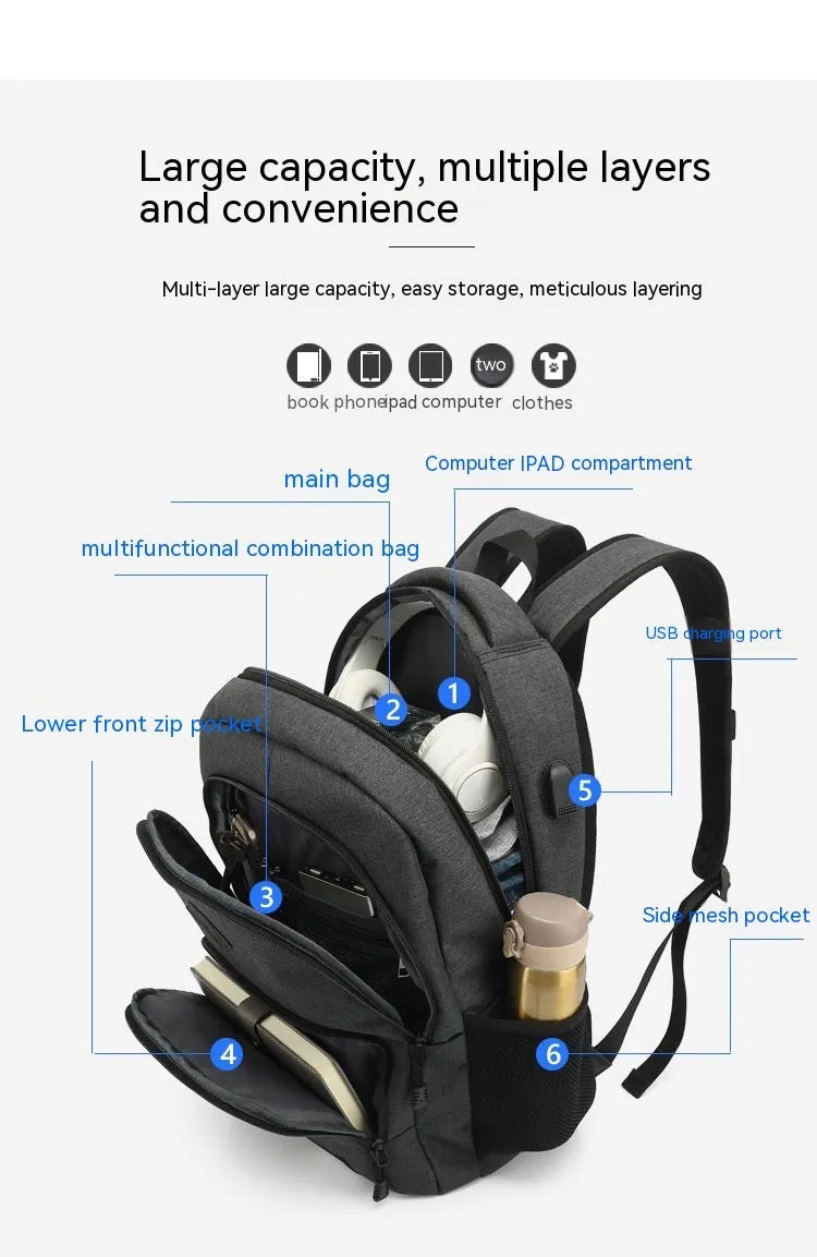 Grey lightweight nylon USB charging backpack with trolley sleeve, shown next to a phone and power bank.