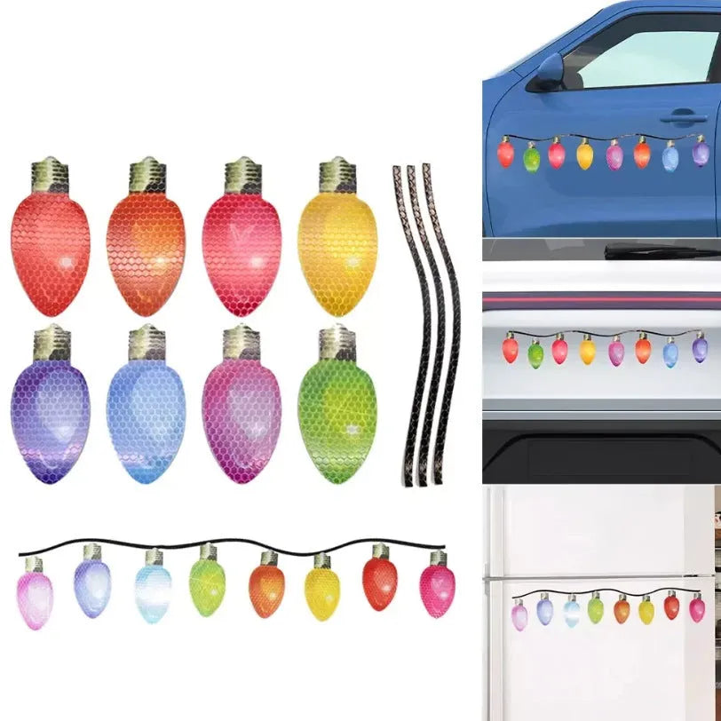 Christmas magnetic reflective light bulb set with 24 bulb shapes and 12 connecting wires on metal surface