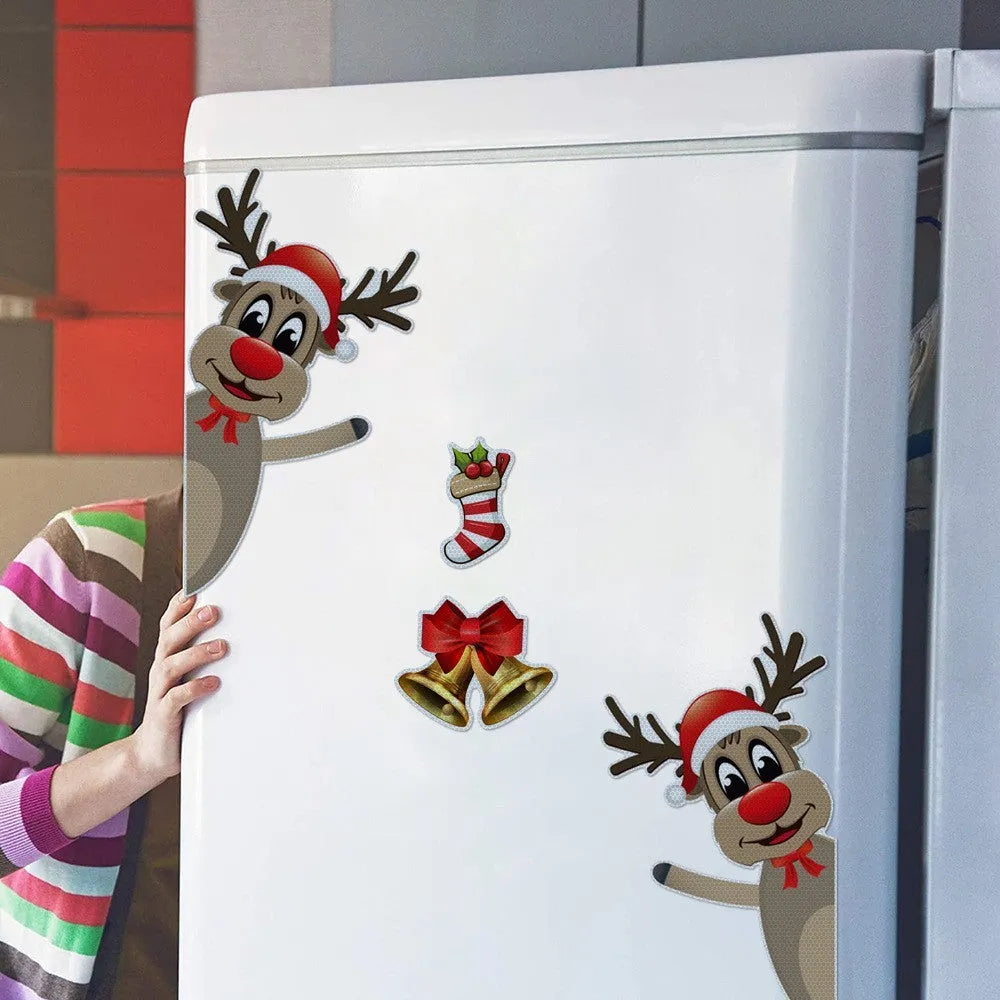 Magnetic luminous reflective Christmas bumper sticker featuring a cartoon elk with a bell