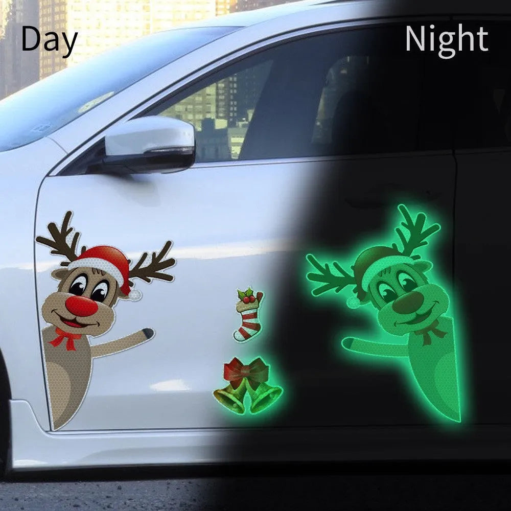 Magnetic luminous reflective Christmas bumper sticker featuring a cartoon elk with a bell