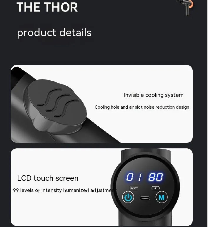 Massage gun with brushless motor, USB charging, dark gray or dark green, 4 or 8 heads, 36dB low noise