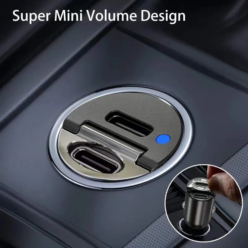 Black mini 30W car cigarette lighter charger with USB-C port for PD and QC fast charging