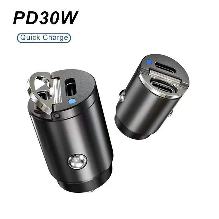 Black mini 30W car cigarette lighter charger with USB-C port for PD and QC fast charging