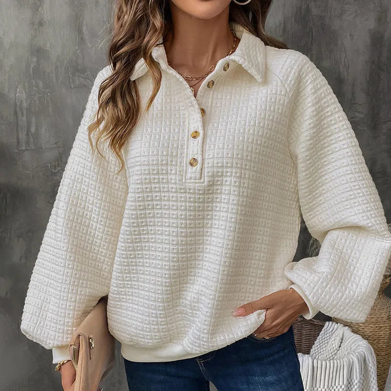 Women's milky white polo collar sweater with long sleeves and solid colour design